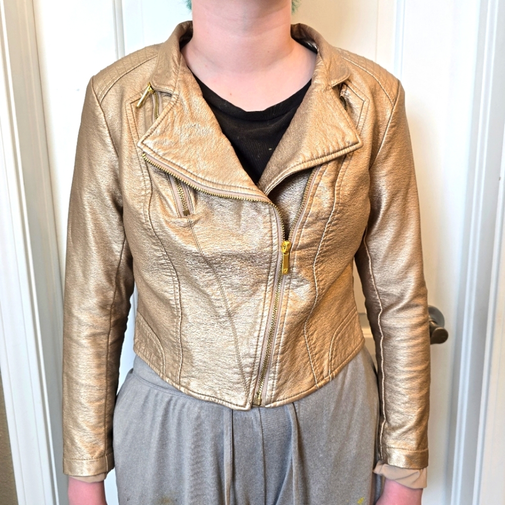 Antique Gold Metallic Moto Jacket - Thalia Sodi Size Small - Faux Leather Crop